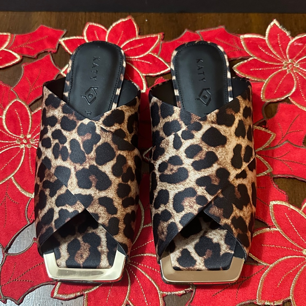 Katy Perry The Checked in Slide Leopard Print Satin Coffee Size 8M - Picture 3 of 6